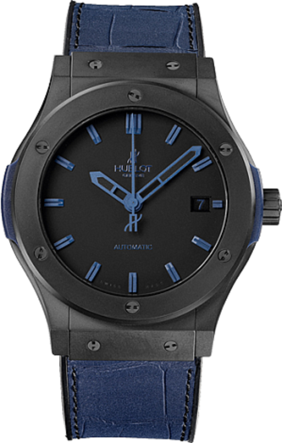 Classic Fusion All Black Blue in Black Ceramic on Blue Leather Strap with Black Dial