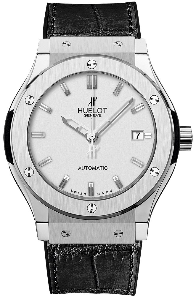 Classic Fusion 42mm in Titanium on Black Leather Strap with Opaline White Dial