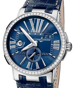 Dual Time Executive 43mm in Steel with Diamond Bezel on Blue Leather Strap with Blue Dial