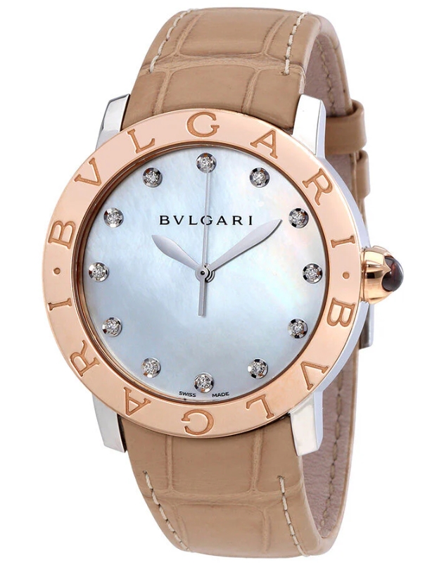 Bvlgari-Bvlgari Mens Quartz in Steel & Rose Gold on Beige Leather Strap with Mother of Pearl with Diamond Marker Dial