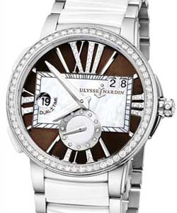 Executive Dual Time in Steel with White Ceramic Diamond Bezel on Steel and Ceramic Bracelet with Brown Sunray and MOP Diamond Dial