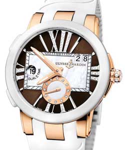 Executive Dual Time 40mm in Steel with White Ceramic Bezel on White Rubber Strap with Brown Sunray & MOP Diamond Dial