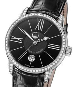 Classico Lunar in Stainless Steel with Diamond Bezel On Black Leather Strap with Black Dial