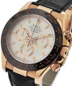 Daytona 40mm in Rose Gold with Black Ceramic Bezel on Strap with Ivory Stick Dial