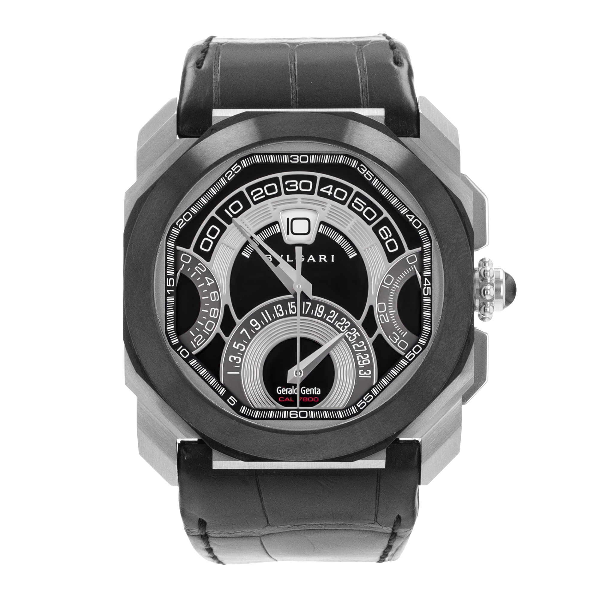 Octo Chronographe Quadri-Retro - Ceramic Bezel Steel on Leather with Black Dial