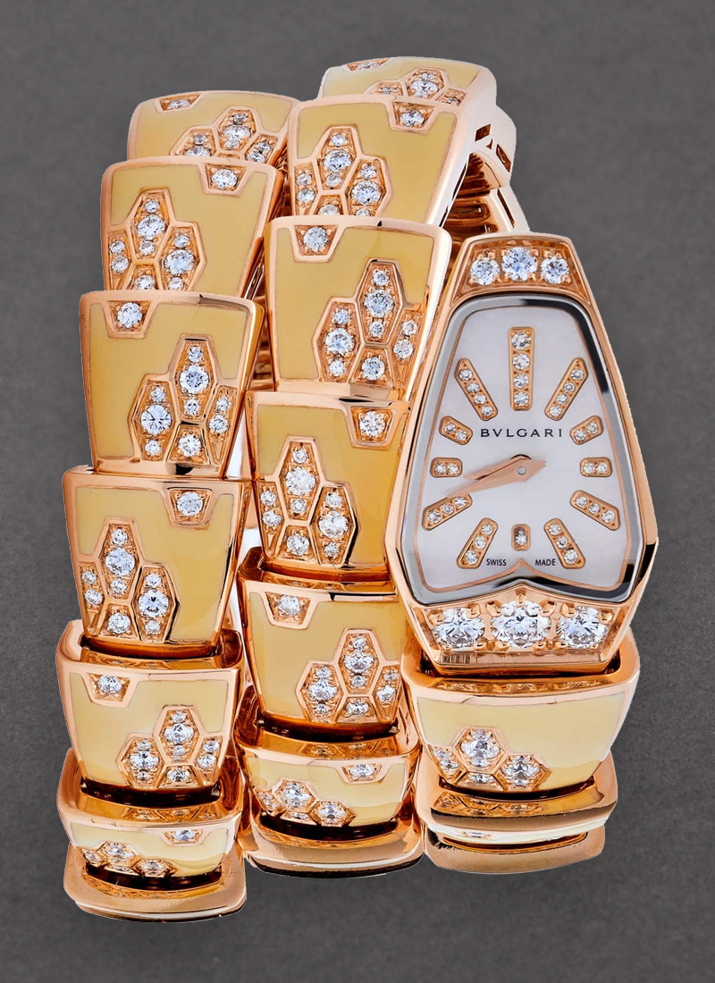 Serpenti 26mm in Rose Gold with Diamonds Rose Gold on Two Twirl Bracelet with White Dial