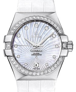 Omega Constellation in Steel with Diamond Bezel on White Alligator Leather Strap with White MOP Dial