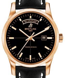Transocean Day-Date Series Automatic in Rose Gold On Black Leather Strap with Black Dial