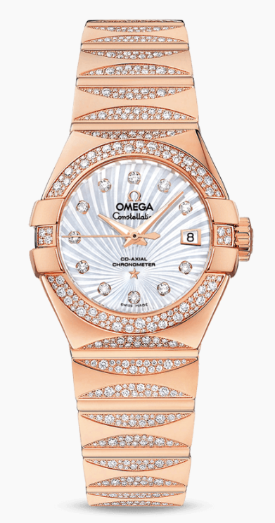Constellation Luxury 27mm Brushed Chronometer in Rose Gold with Diamonds on Rose Gold Diamond Bracelet with Mother of Pearl Dial