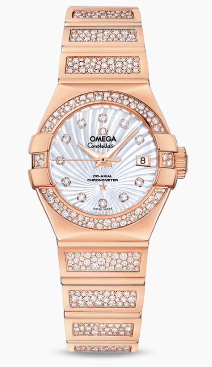 Constellation Luxury 27mm Brushed Chronometer in Rose Gold with Diamonds on Rose Gold Diamond Bracelet with Mother of Pearl Dial