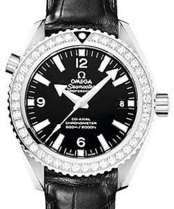 Planet Ocean 600 M Omega Co-Axial GMT in Steel with Diamond Bezel On Black Crocodile Leather Strap with Black Dial