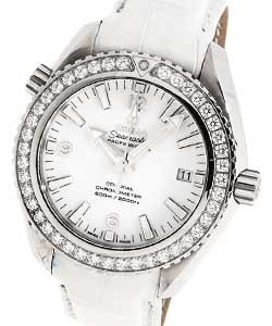 Planet Ocean 600 M Omega Co-Axial GMT in Steel with Diamond Bezel On White Crocodile Leather Strap with White Dial