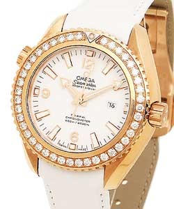Planet Ocean 600 M Omega Co-Axial GMT in Rose Gold with Diamond Bezel On White Crocodile Leather Strap with White Dial