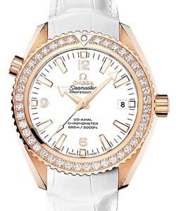 Planet Ocean 600 M Omega Co-Axial GMT in Rose Gold with Diamond Bezel On White Crocodile Leather Strap with White Dial