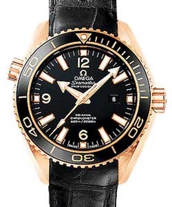 Planet Ocean 600 M Omega Co-Axial GMT in Rose Gold with Black Ceramic Bezel On Black Crocodile Leather Strap with Black Dial