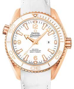 Planet Ocean 600 M Omega Co-Axial GMT in Rose Gold Ceramic Bezel on White Alligator Leather Strap with White Dial