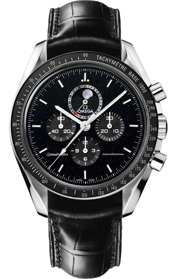 Speedmaster Moonphase in Steel with Black Ceramic bezel On Black Crocodile Leather Strap with Black Dial