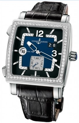 Quadrato Dual Time in Steel with Diamond Bezel On Black Leather Srap with Black and Blue Dial