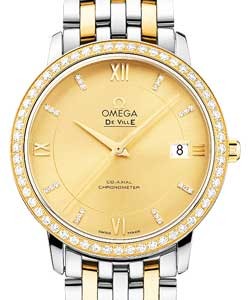 De Ville Prestige Co-Axial in Yellow Gold with Diamond Bezel on Steel and Yellow Gold Bracelet with Champagne Diamond Dial