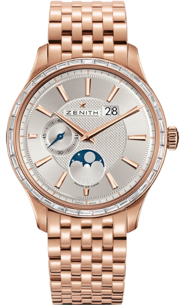 Captain Chronograph Moonphase in Rose Gold with Baguette Diamond Bezel on Rose Gold Bracelet with Silver Dial