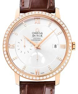 De Ville Prestige Power Reserve in Rose Gold with Diamond Bezel On Brown Crocodile Leather Strap with Silver Diamond Dial