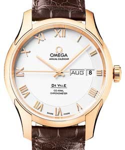 Deville Annual Calendar in Rose Gold on Brown Alligator Leather with Silver Roman Dial