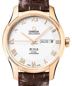 Deville Annual Calendar in Rose Gold on Brown Alligator Leather with Silver Roman Dial