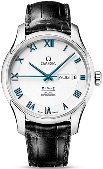 DeVille Annual Calendar Chronometer in Platinum On Black Crocodile Leather Strap with White Roman Dial