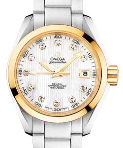 Aqua Terra 30mm in Steel with Yellow Gold Bezel On Steel Bracelet with Mother of Pearl Diamond Dial