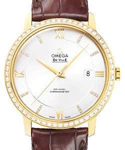 De Ville Prestige Co-Axial in Yellow Gold with Diamond Bezel On Brown Crocodile Leather Strap with Silver Diamond Dial