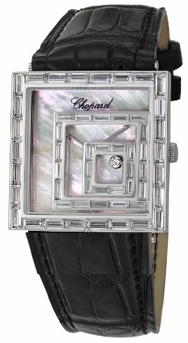 Happy Spirit Square - Baguette Diamond Bezel White Gold on Strap with Mother of Pearl Dial