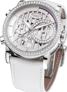 Bugatti Atalante Flyback Chronograph 43mm Automatic in White Gold with Diamond Bezel on White Leather Strap with White Dial