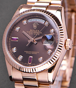 36mm President in Rose Gold on President Bracelet with Chocolate Ruby and Diamond Dial