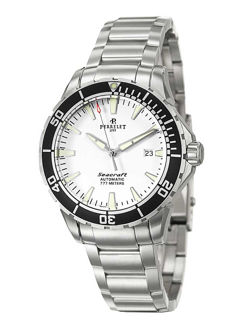 Diver Seacraft 3 Hands Date in Men''s Automatic in Steel On Steel Bracelet - White Luminous Dial - Black Bezel