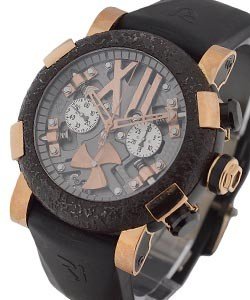 Steampunk  Chronograph in Rose Gold with Rusted Steel Bezel on Black Rubber Strap with Skeleton Dial