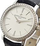 Patrimony Traditionnelle Lady in White Gold with Diamond Bezel on Black Alligator Leather Strap with Silver Dial