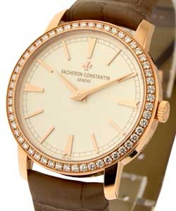 Patrimony Traditionnelle with  Diamond Bezel Rose Gold on Strap with White Dial