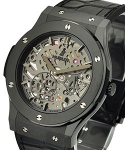 Classic Fusion All Black  Ultra Thin Skeleton in Black Titanium & Ceramic on Black Crocodile Leather Rubber Strap with Skeleton Dial