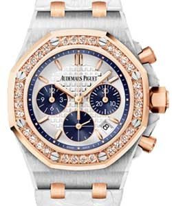 Ladycat Royal Oak Offshore Chronograph - Diamond Bezel Stainless Steel & Pink Gold on Rubber with Silver Dial