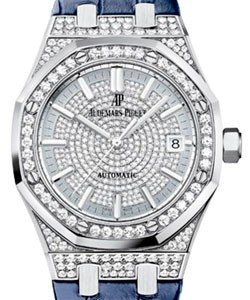 Royal Oak in White Gold with Diamond Bezel on Blue Crocodile Leather Strap with Pave Diamond Dial