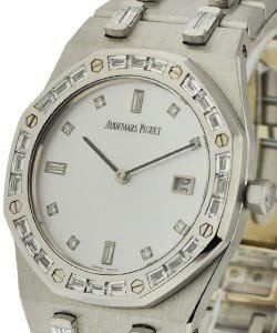 Ladies White Gold Royal Oak - Baguette Diamonds White Gold on Bracelet with MOP Diamond Dial 