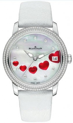 Ultra Slim  Women's 34mm St Valentin - Diamond Bezel Steelon White Satin Strap with MOP Dial - Hearts