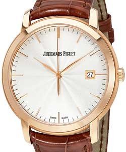 Jules Audemars 39mm Automatic in Rose Gold on Brown Alligator Leather Strap with Silver Dial