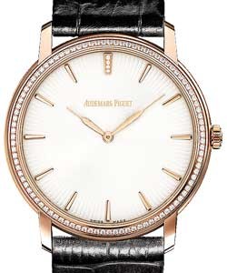 Jules Audemars Extra Thin in Rose Gold with Diamond Bezel On Black Leather Strap with White Dial