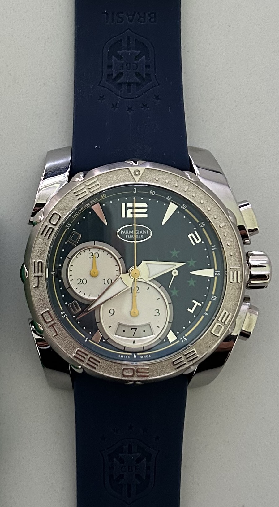 Pershing Chronograph Brasileira De Futebol 45mm Automatic in Titanium with White Gold Bezel on Blue Rubber Strap with Blue Dial.