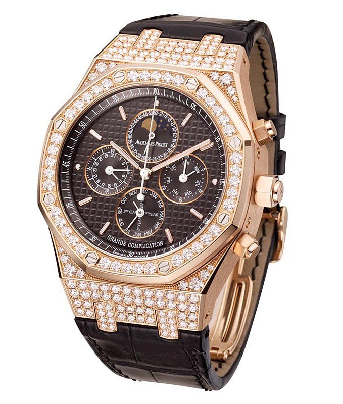 Royal Oak Grand Complication in Rose Gold with Diamonds Bezel on Brown Croocdile Leather Strap with Brown Dial