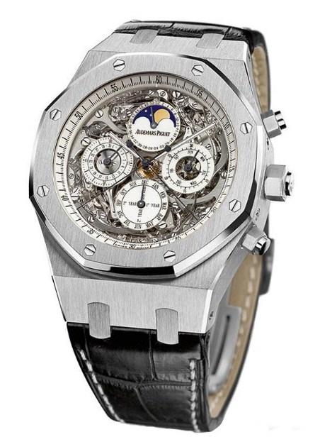 Grande Complication Royal Oak in Steel on Black Alligator Leather Strap with Black Mega Tapisserie Dial