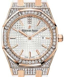Royal Oak in Rose Gold 33mm with Diamond Bezel on White Crocodile Leather Strap with White Dial