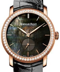 Jules Audemars Small Seconds in Rose Gold with Diamond Bezel on Black Crocodile Leather Strap with Black Mother of Pearl Dial