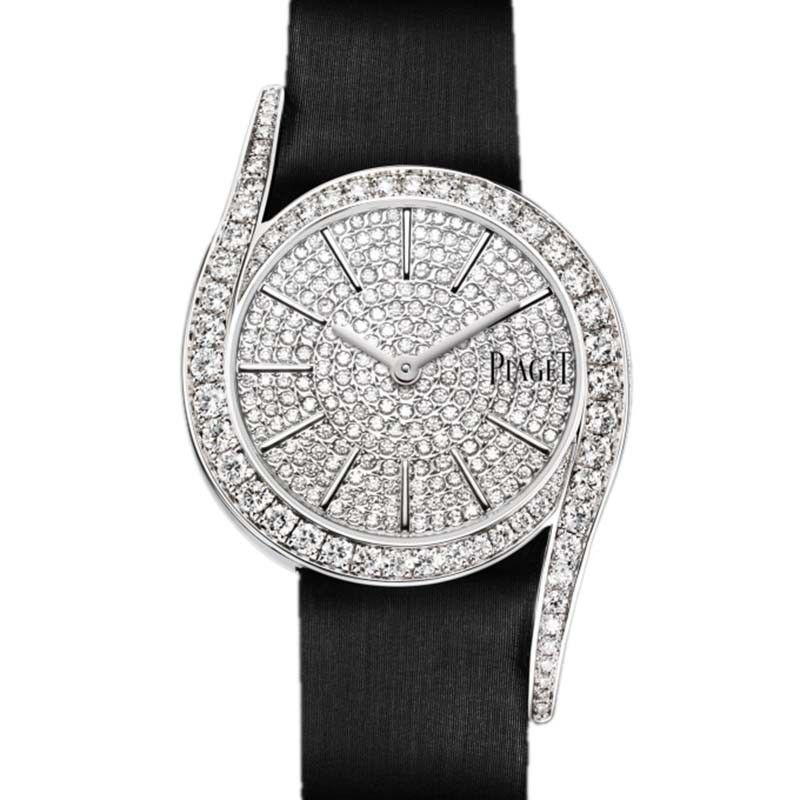 Limelight Gala in White Gold with Diamond Bezel on Black Satin Strap with Pave Diamond Dial